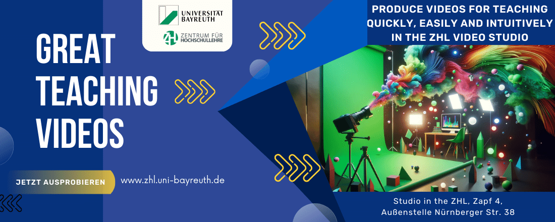What is the offer? The University of Bayreuth's video studio offers teachers and students the opportunity to create professional educational videos. This studio is equipped with advanced technology that makes it possible to present content in a dynam